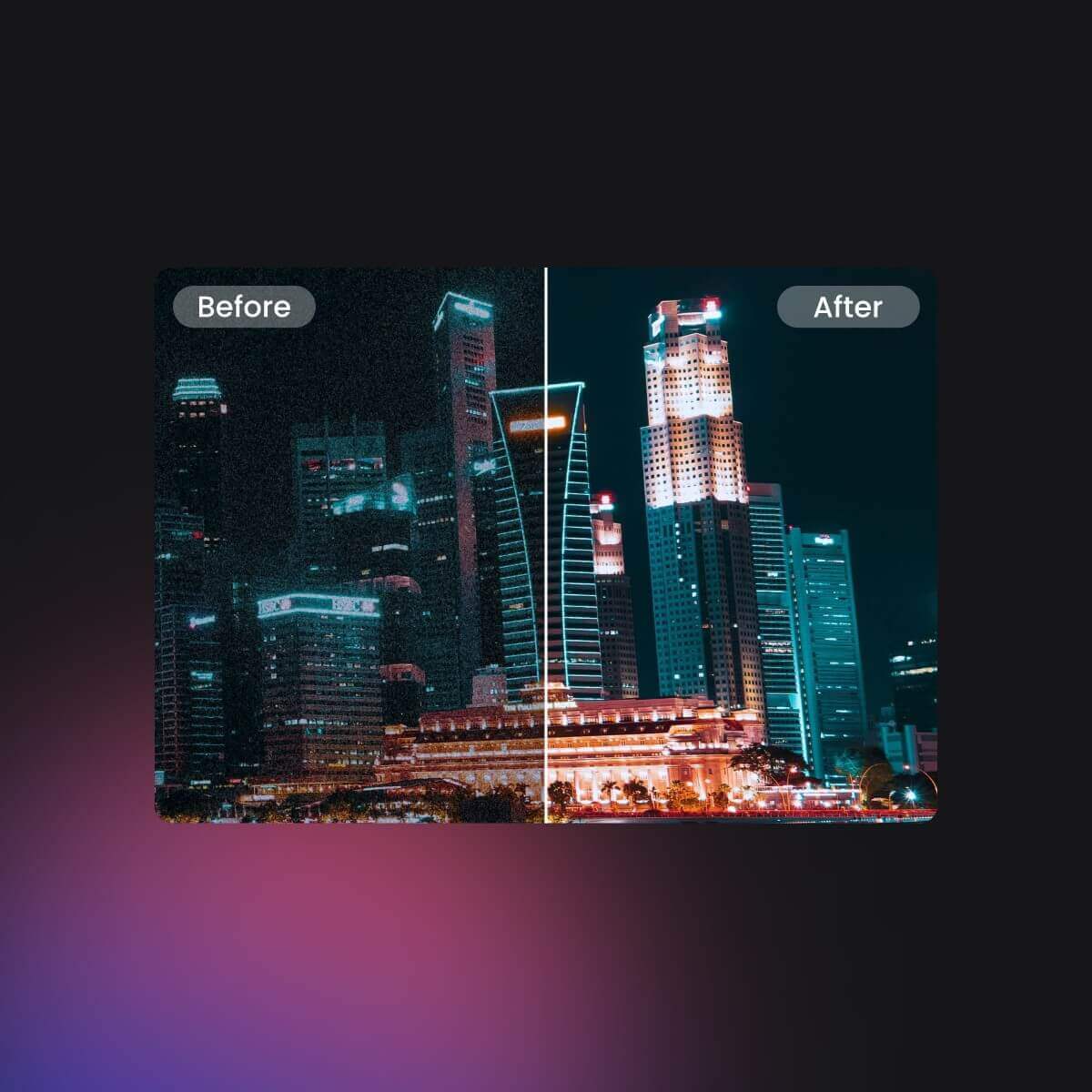 Comparaison d'une scène nocturne urbaine sombre et bruyante et d'une scène nocturne bien éclairée