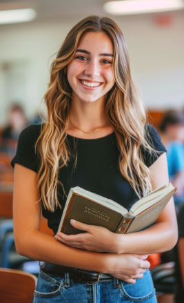 Studentessa universitaria bianca con lunghi capelli castani ricci, che tiene un libro